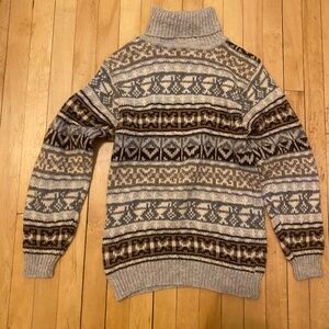 100% Shetland wool True Vintage grey and brown patterned turtleneck sweater